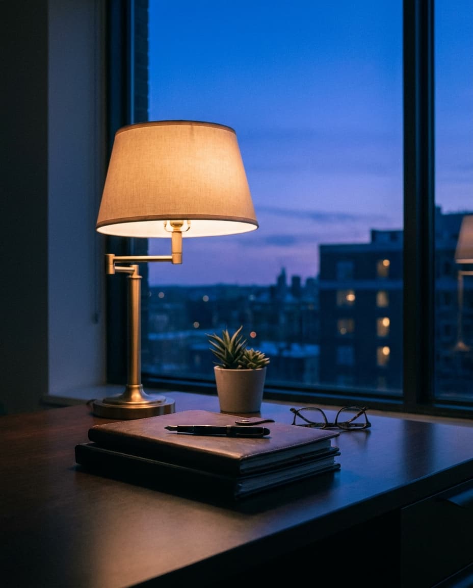 Der Schreibtisch Ihrer Finanzierungsexpertin in der blauen Stunde