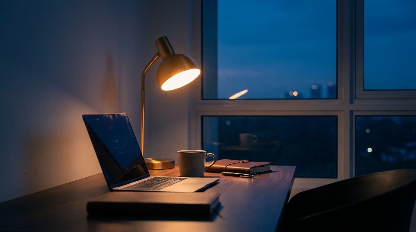 Ruhiger Schreibtisch in der blauen Stunde